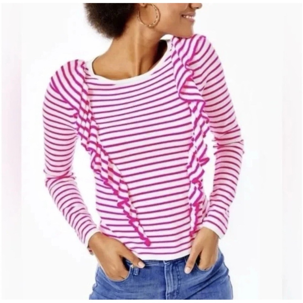 Lilly Pulitzer Ruth Striped Ruffle Sweater Beach Stripe Pink Tango Sz L - Picture 11 of 12